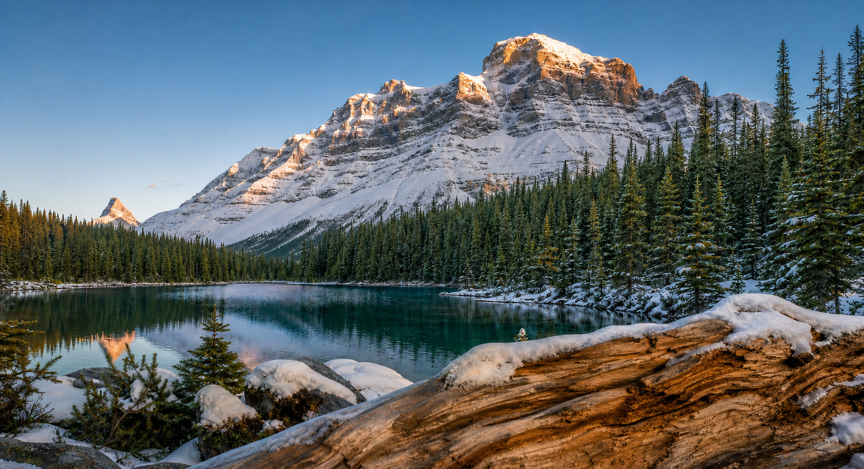 Alpenglow on snow peaks above a reflective alpine lake and warm natural wood
