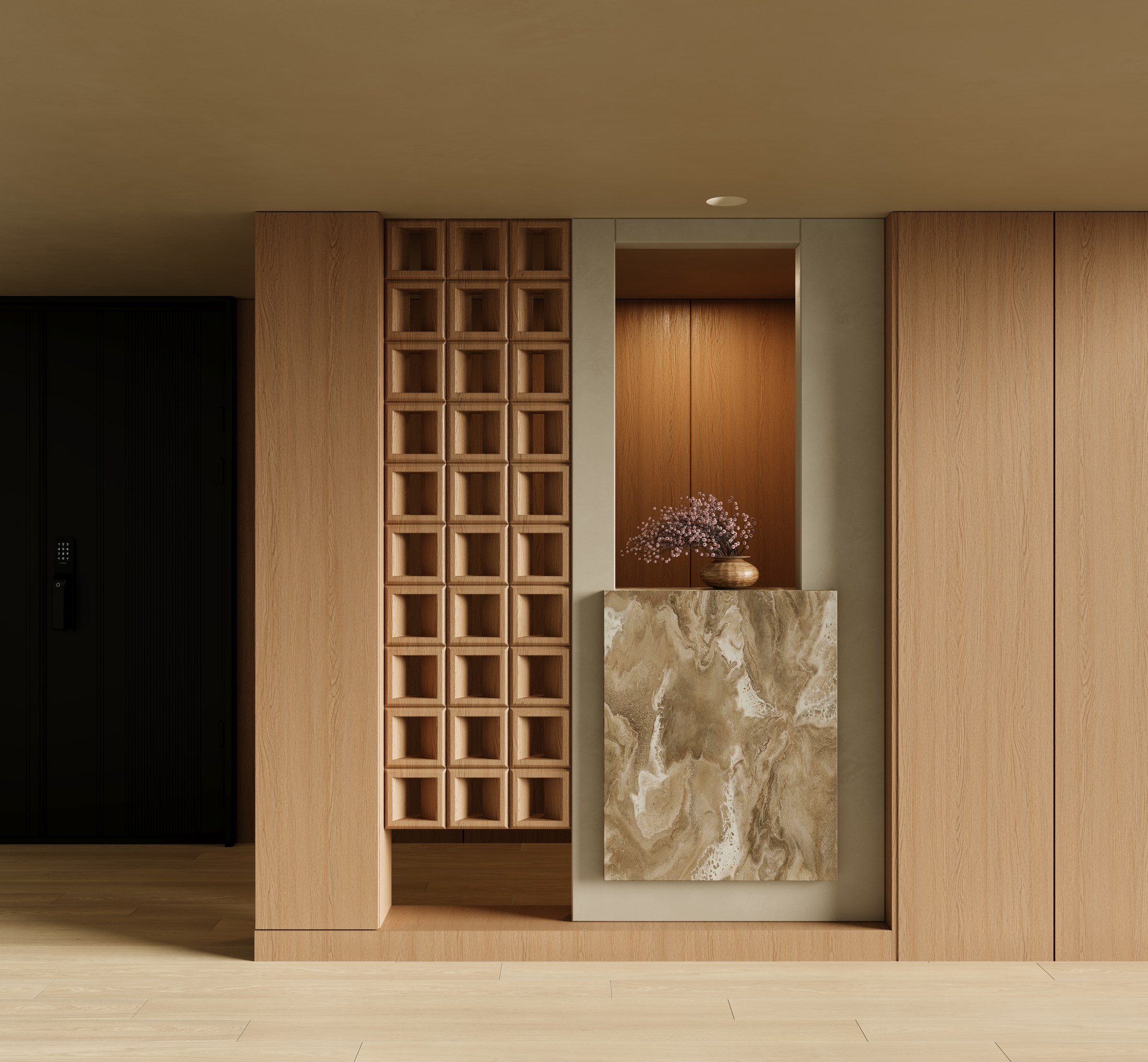 Light oak wall system with a sculpted storage feature and mineral accent
