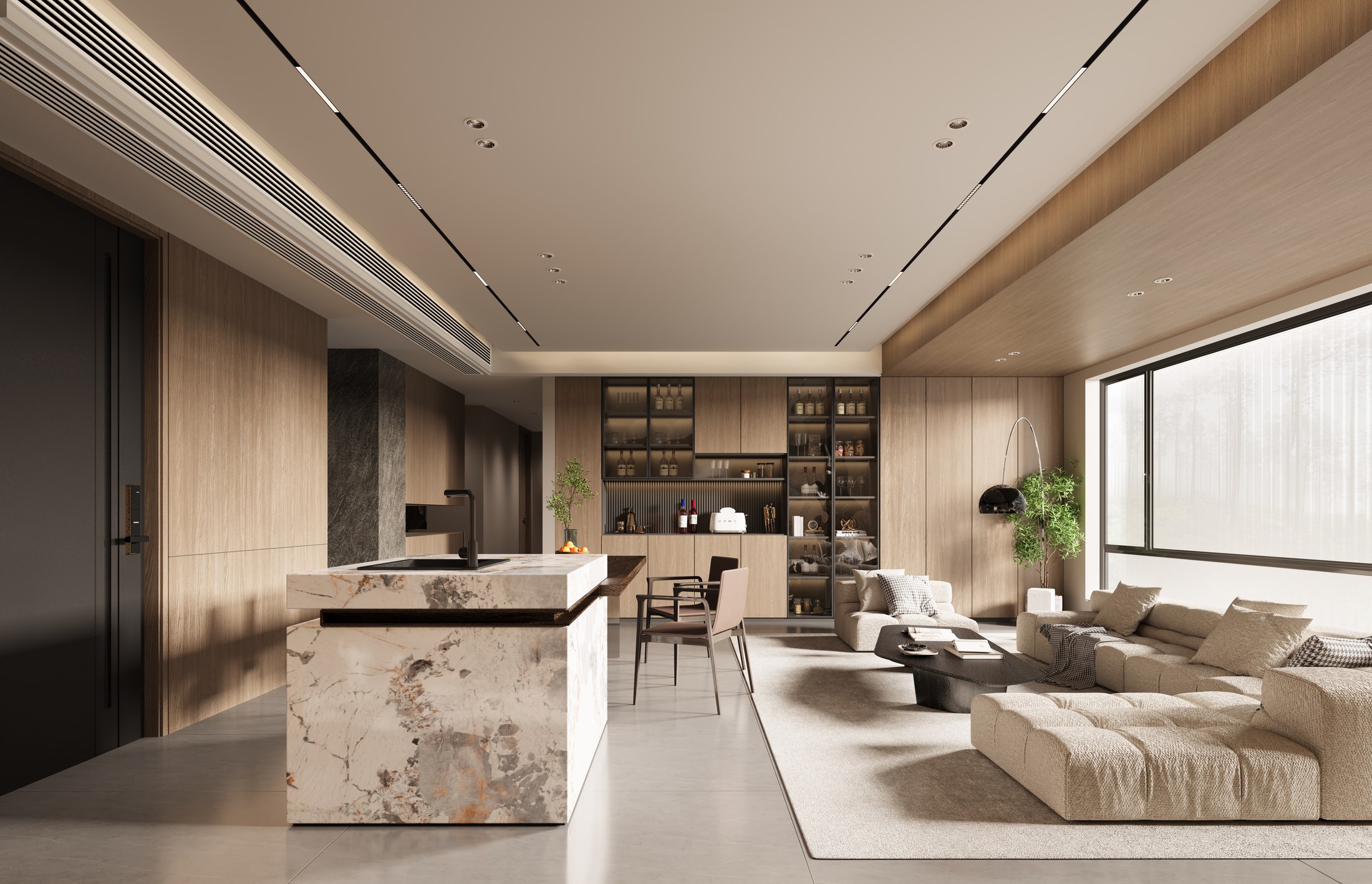 Coordinated light wood, dark mineral and pale stone surfaces in a contemporary living space