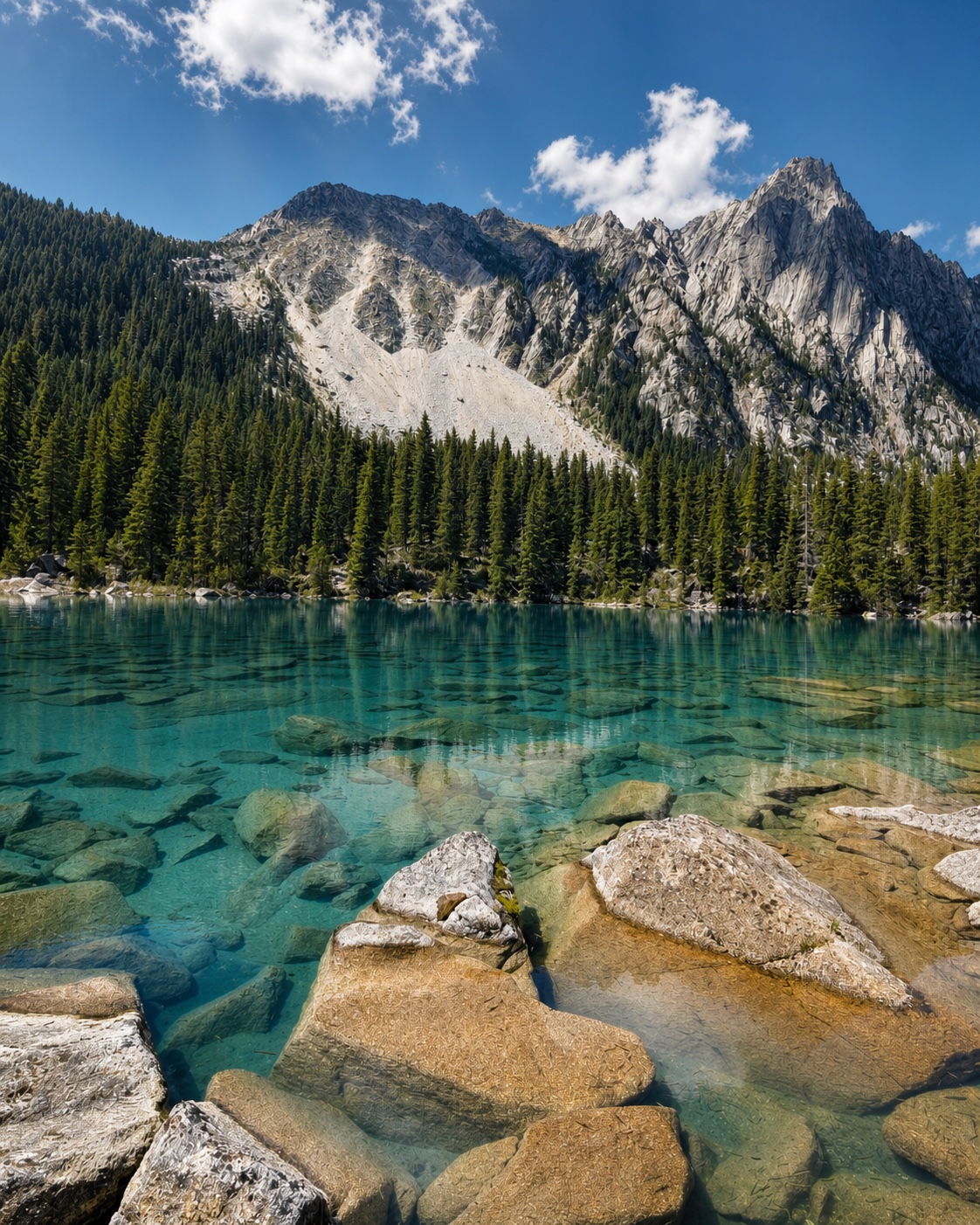 Granite mountains, evergreen forest and clear alpine water representing responsible material sourcing