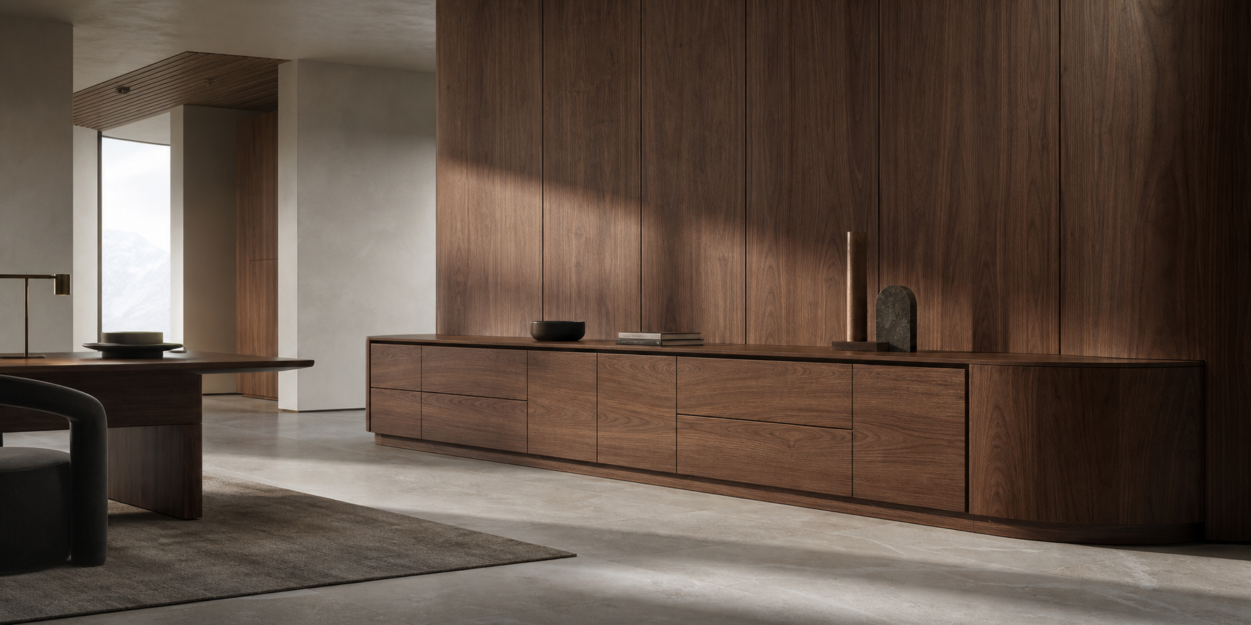 Walnut cabinetry, coordinated wall panels and curved decorative surface details in a refined interior